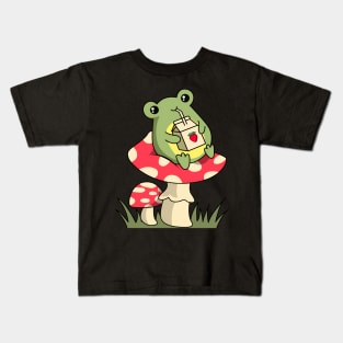 Kawaii Frog Drinking Strawberry Milk On Mushroom Frog Kids T-Shirt